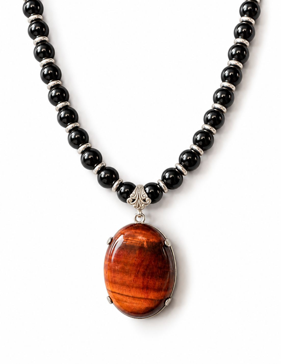 Collier - Perles naturelles Onyx Noir–Pendentif œil de tigre – Image 2