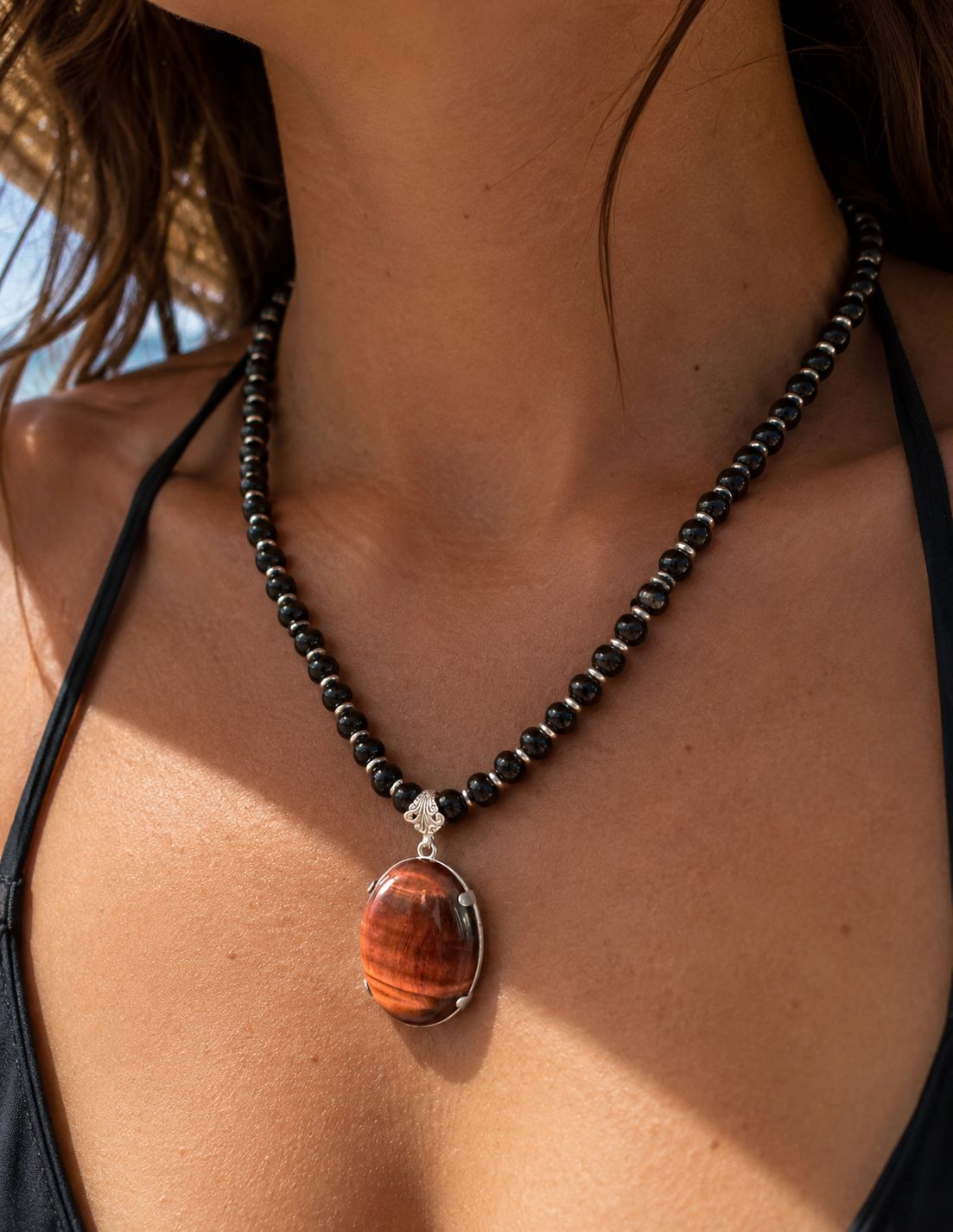 Collier - Perles naturelles Onyx Noir–Pendentif œil de tigre – Image 3