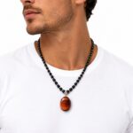Collier  - Perles naturelles Onyx Noir–Pendentif œil de tigre