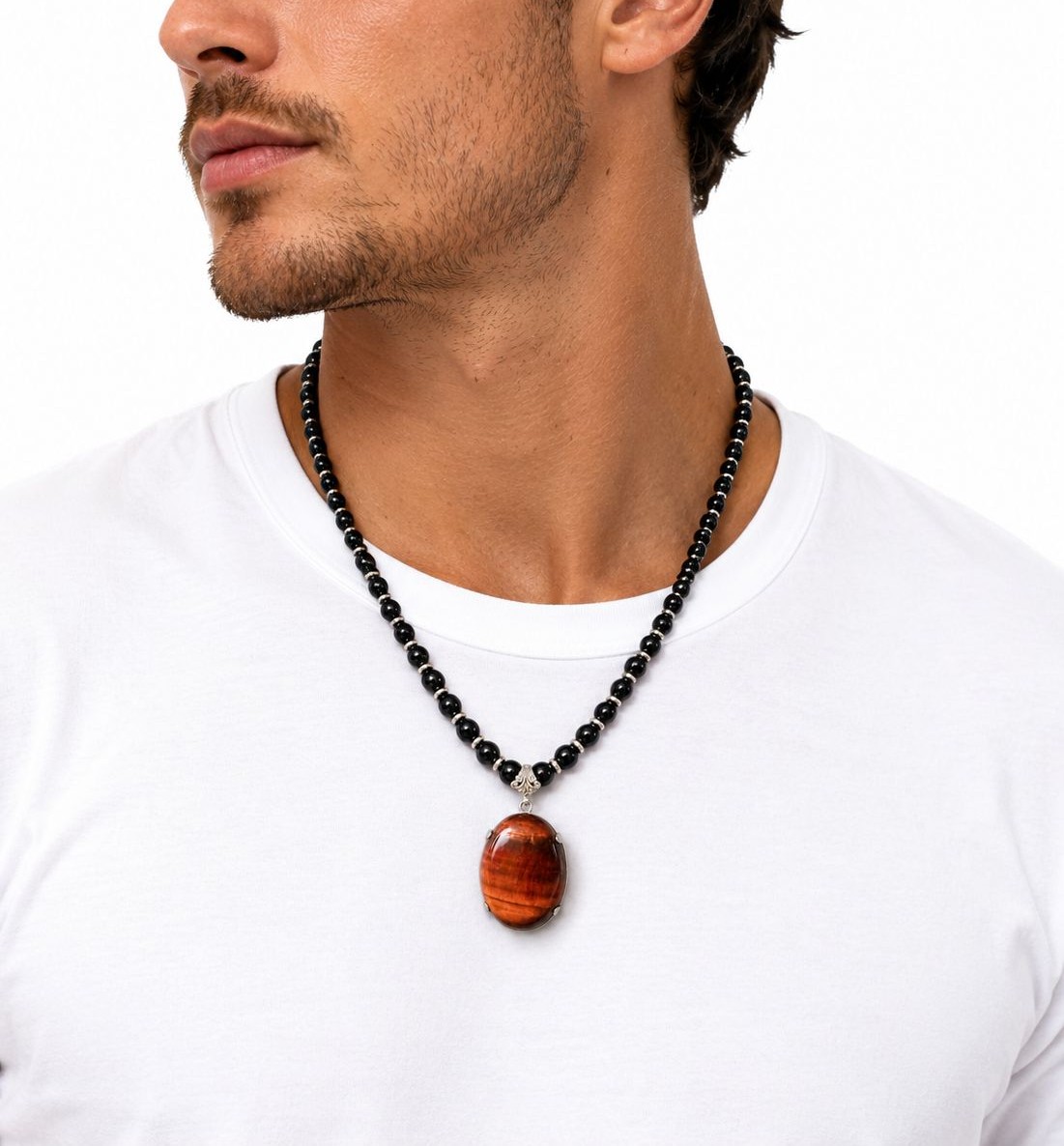 Collier - Perles naturelles Onyx Noir–Pendentif œil de tigre