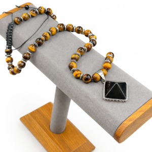 Collier Œil de Tigre & Pendentif Onyx Noir Naturel